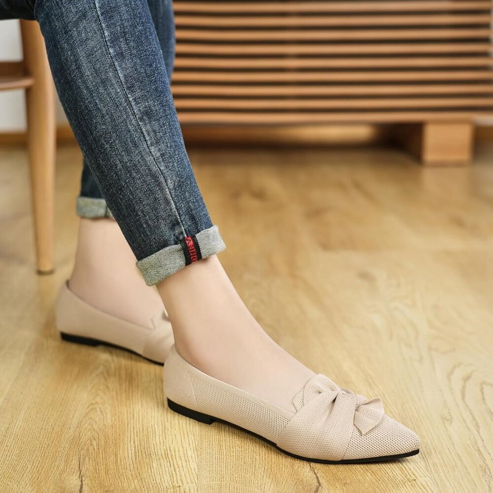 Women's Beige Pointed Toe Ballet Flats with Bow Comfortable Knit Dressy Flats - Picture 7 of 8